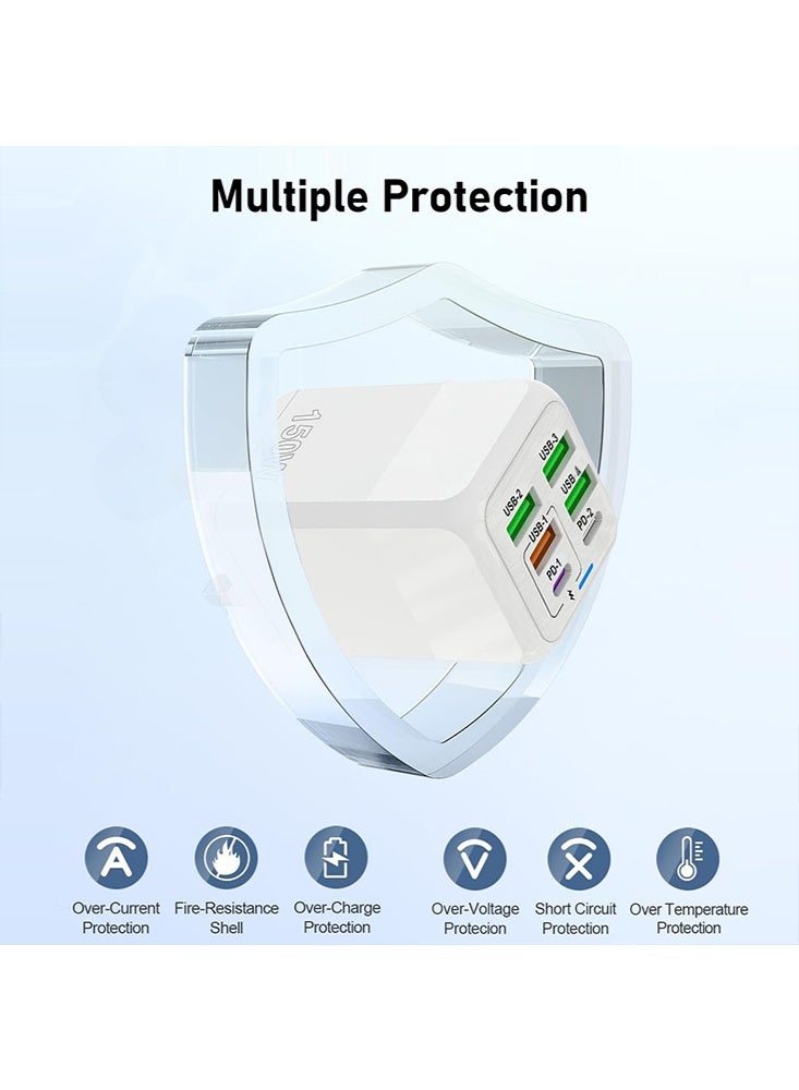 X-level 150W 6 Ports Multifunctional Universal Fast Charging Adapter Mobile Phone Charger Universal Travel Power Adapter Pad and Computer Chargers International Wall Charger QC3.1 PD25W USB3.1A  for iPhone 16/15/14/13/12/11, Samsung Galaxy S25 Ultra /S24/Galaxy Z Fold 3、A14 A42 A53、A54 A71, iPad,AirPods, White - Image 4