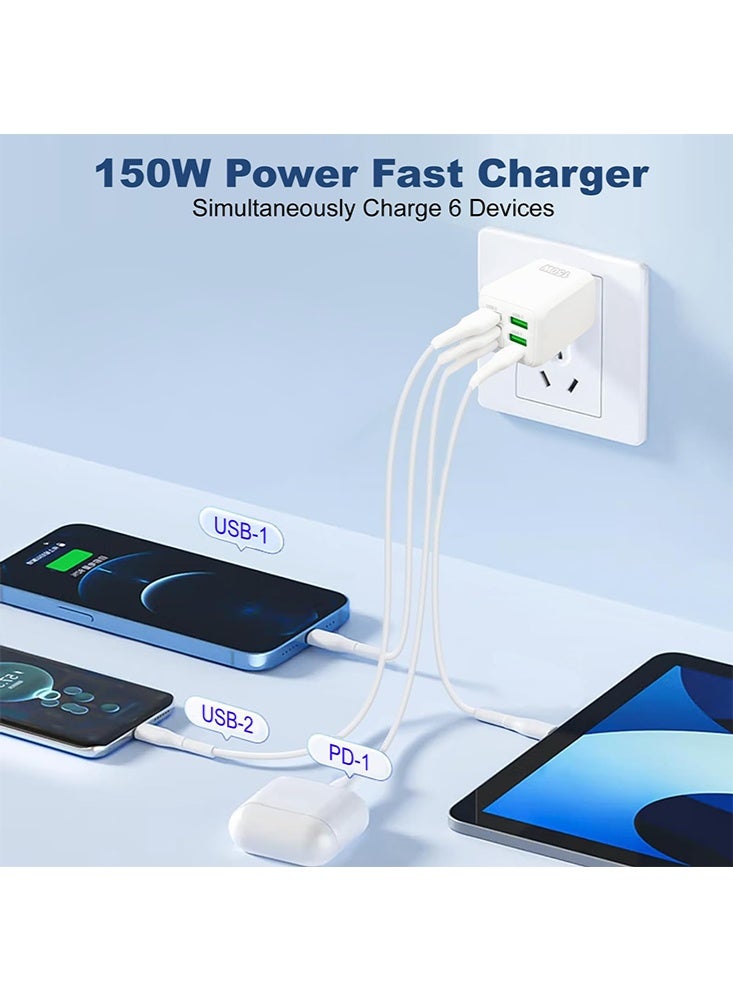 X-level 150W 6 Ports Multifunctional Universal Fast Charging Adapter Mobile Phone Charger Universal Travel Power Adapter Pad and Computer Chargers International Wall Charger QC3.1 PD25W USB3.1A  for iPhone 16/15/14/13/12/11, Samsung Galaxy S25 Ultra /S24/Galaxy Z Fold 3、A14 A42 A53、A54 A71, iPad,AirPods, White - Image 2