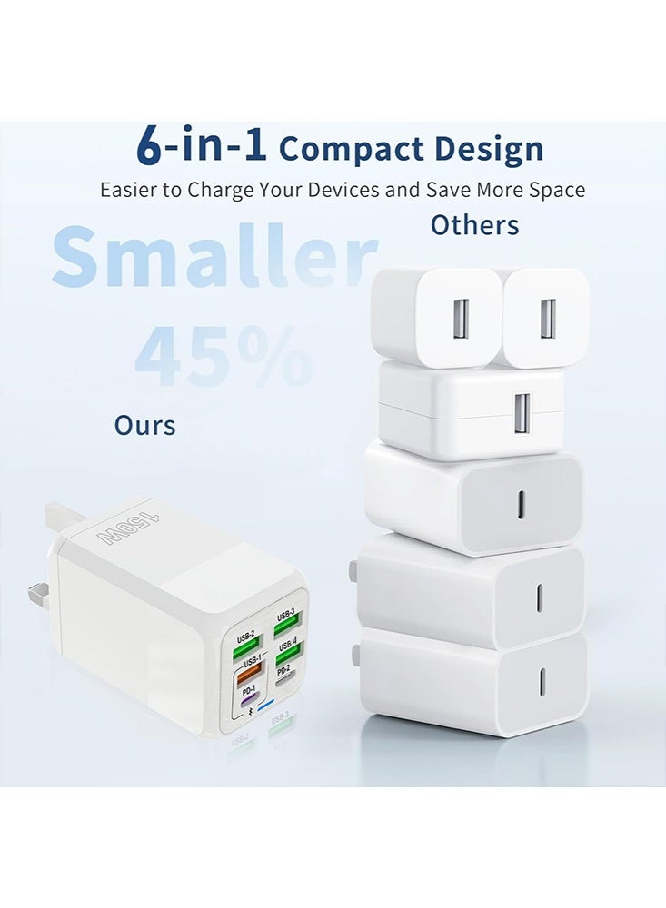 X-level 150W 6 Ports Multifunctional Universal Fast Charging Adapter Mobile Phone Charger Universal Travel Power Adapter Pad and Computer Chargers International Wall Charger QC3.1 PD25W USB3.1A  for iPhone 16/15/14/13/12/11, Samsung Galaxy S25 Ultra /S24/Galaxy Z Fold 3、A14 A42 A53、A54 A71, iPad,AirPods, White - Image 3