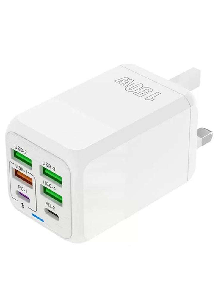 X-level 150W 6 Ports Multifunctional Universal Fast Charging Adapter Mobile Phone Charger Universal Travel Power Adapter Pad and Computer Chargers International Wall Charger QC3.1 PD25W USB3.1A  for iPhone 16/15/14/13/12/11, Samsung Galaxy S25 Ultra /S24/Galaxy Z Fold 3、A14 A42 A53、A54 A71, iPad,AirPods, White - Image 1