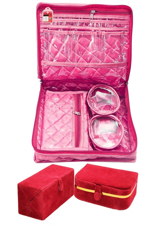 LUCES Combo Pink 2 Bangle Chain Necklace Jewelry Pouch with Cream Ring Earring Box Satin Wardrobe Organizer Jewellery Vanity Box - Image 1