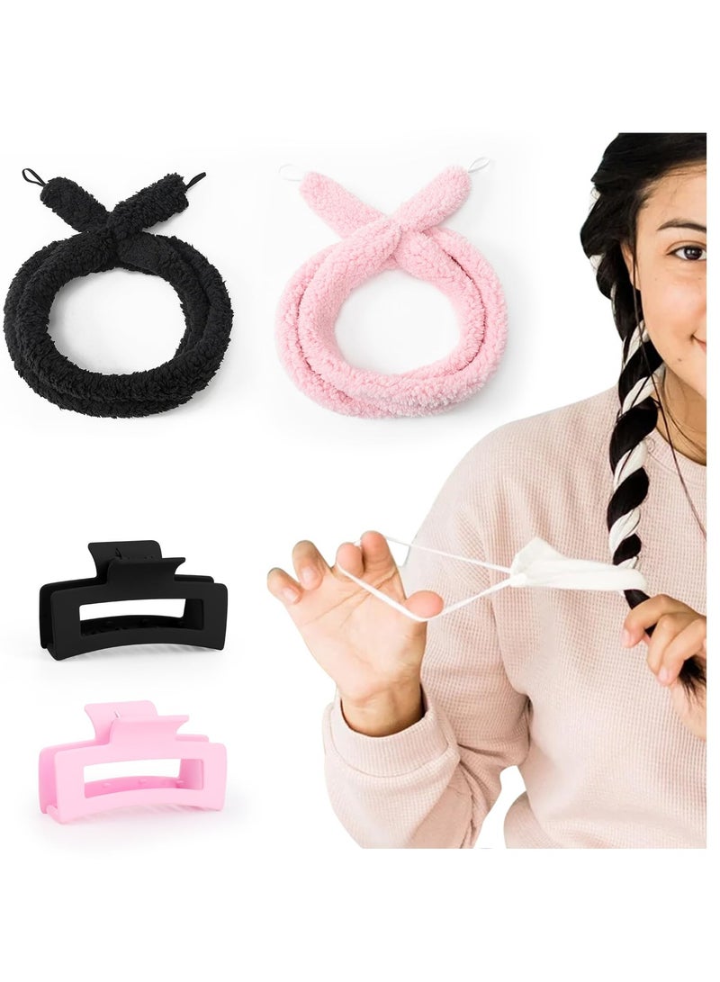 إسكدنيا عصابة رأس صغيرة بدون حرارة، قطعتان بدون حرارة، عصابة رأس رفيعة للشعر الطويل والقصير، تجعيد الشعر أثناء النوم، تجعيد الشعر الكسولة للموجات الصغيرة، وردي وأسود - Image 1