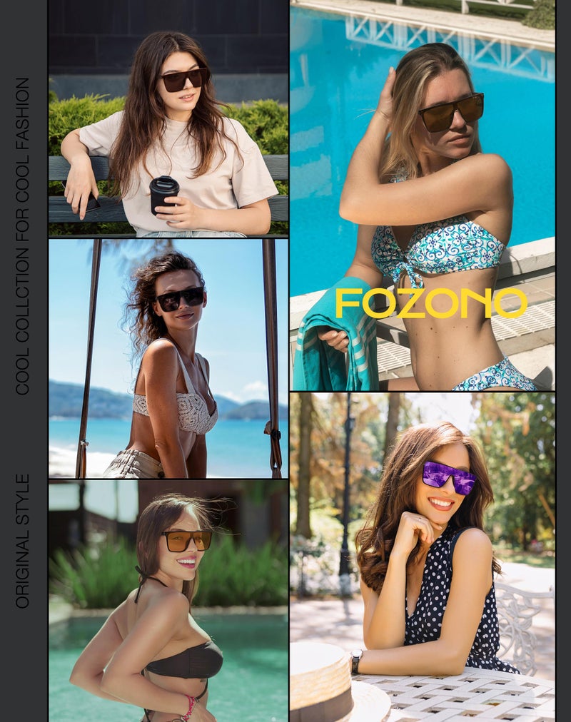 Fozono Trendy Square Oversized Sunglasses for Women Men Retro Flat Top Shield Sun Glasses UV Protection Once Piece Lens Brown Frame/Brown Lens - Image 2