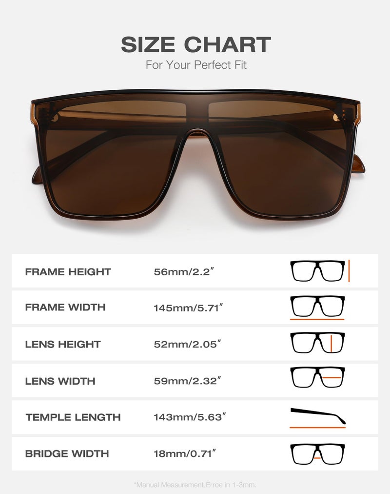 Fozono Trendy Square Oversized Sunglasses for Women Men Retro Flat Top Shield Sun Glasses UV Protection Once Piece Lens Brown Frame/Brown Lens - Image 5