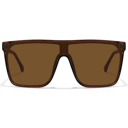 Fozono Trendy Square Oversized Sunglasses for Women Men Retro Flat Top Shield Sun Glasses UV Protection Once Piece Lens Brown Frame/Brown Lens - Image 1