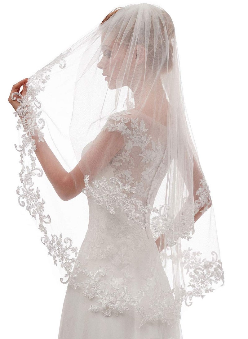 Women's Short Lace Wedding Bridal Veil With Comb 90cm White Ivory Embroidered Applique Veil for Bridal Party Favors Cosplay Accessories  - Image 1