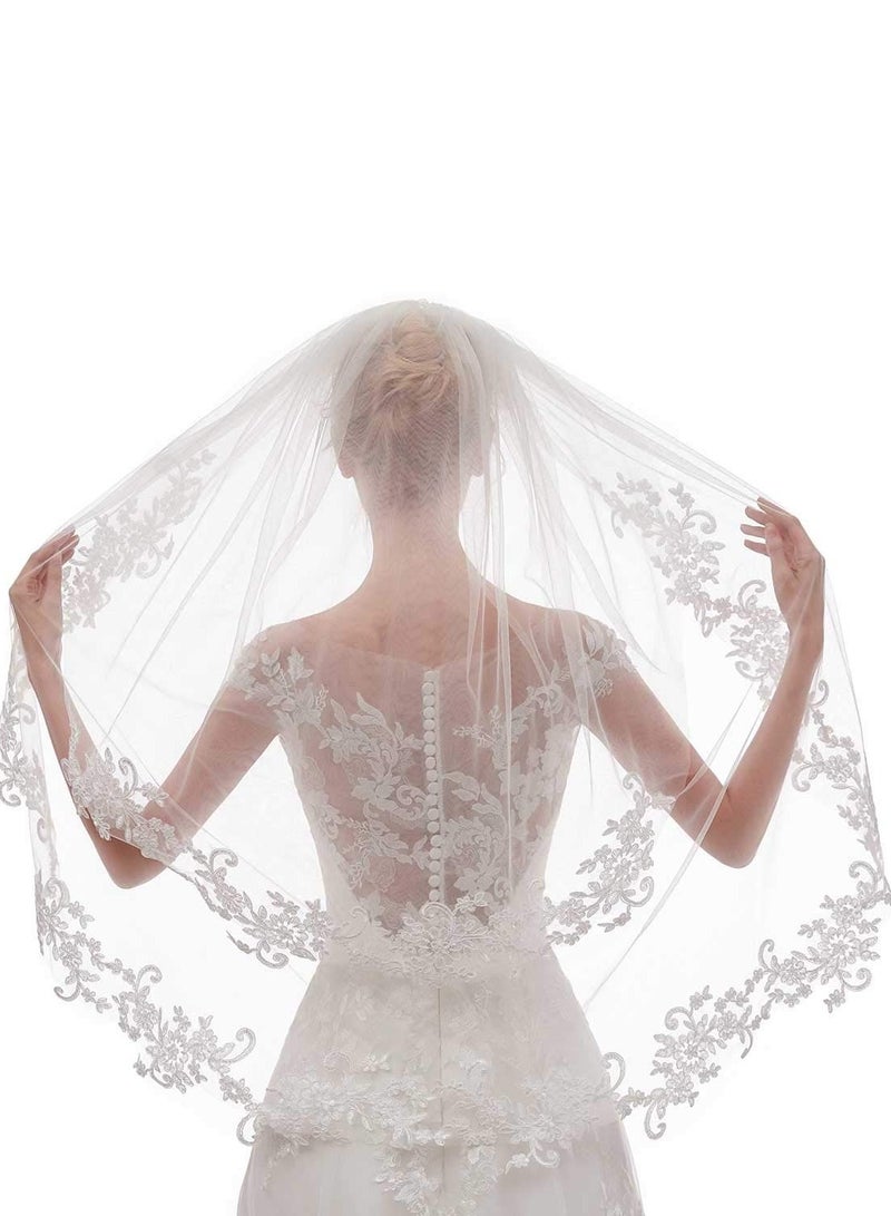 Women's Short Lace Wedding Bridal Veil With Comb 90cm White Ivory Embroidered Applique Veil for Bridal Party Favors Cosplay Accessories  - Image 2
