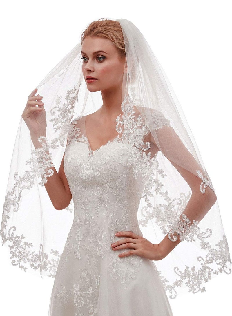 Women's Short Lace Wedding Bridal Veil With Comb 90cm White Ivory Embroidered Applique Veil for Bridal Party Favors Cosplay Accessories  - Image 3