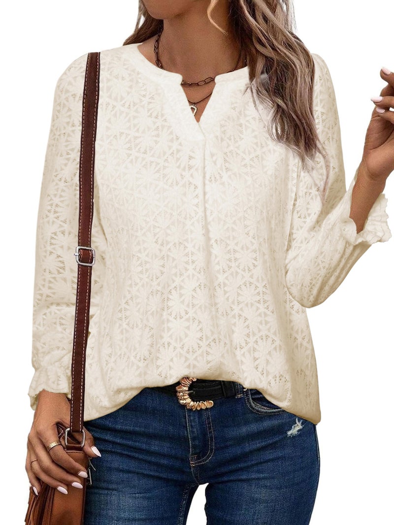 Simplee Womens Lace Eyelet Blouses Long Sleeve Tops Dressy Casual Hollow Out Shirts Fashion(Apricot,Medium) - Image 1