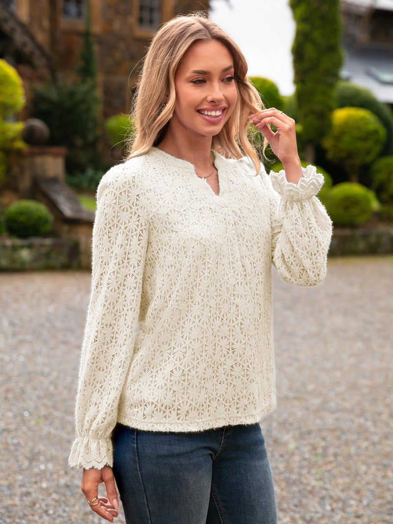 Simplee Womens Lace Eyelet Blouses Long Sleeve Tops Dressy Casual Hollow Out Shirts Fashion(Apricot,Medium) - Image 2