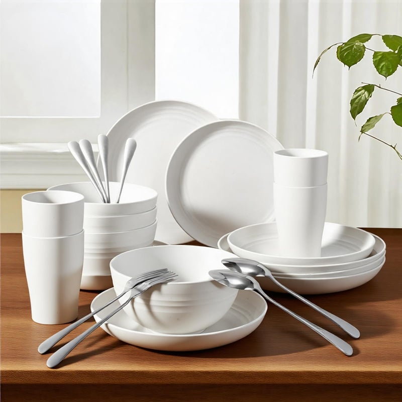 NoorooCare 24 Pcs Wheat Straw Dinnerware Set Picnic Camping Unbreakable Reusable Includes 4x 9in 4x 8in Plates 4x 6in Bowls 4 Cups 4 Stainless Steel Forks and Spoons Kitchen Dorm Office - Image 2