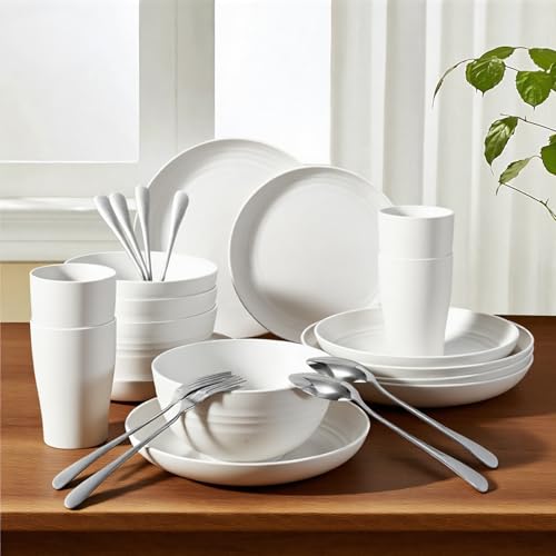 NoorooCare 24 Pcs Wheat Straw Dinnerware Set Picnic Camping Unbreakable Reusable Includes 4x 9in 4x 8in Plates 4x 6in Bowls 4 Cups 4 Stainless Steel Forks and Spoons Kitchen Dorm Office - Image 1