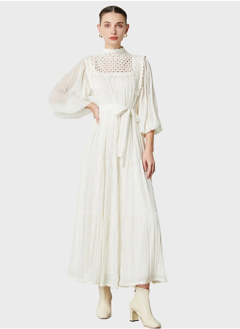 Femi9 Broidered Tiered Belted Dress