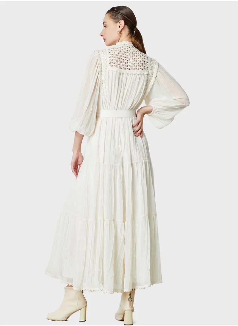 Femi9 Broidered Tiered Belted Dress