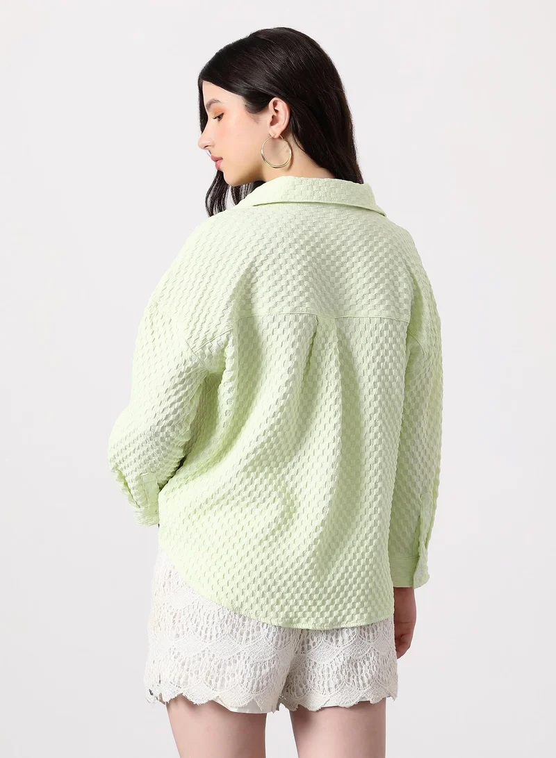 بينيا كولادا Women's Check-Tactile Oversized Shirt | Spread Collar , Long Single-Button Cuff Sleeves, Button Closure | Solid Textured | Woven Shirt For Casual & Daily Wear | Lime Green