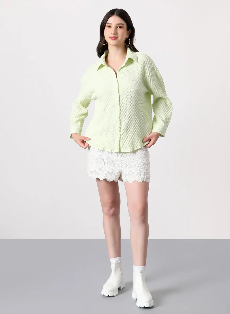 بينيا كولادا Women's Check-Tactile Oversized Shirt | Spread Collar , Long Single-Button Cuff Sleeves, Button Closure | Solid Textured | Woven Shirt For Casual & Daily Wear | Lime Green