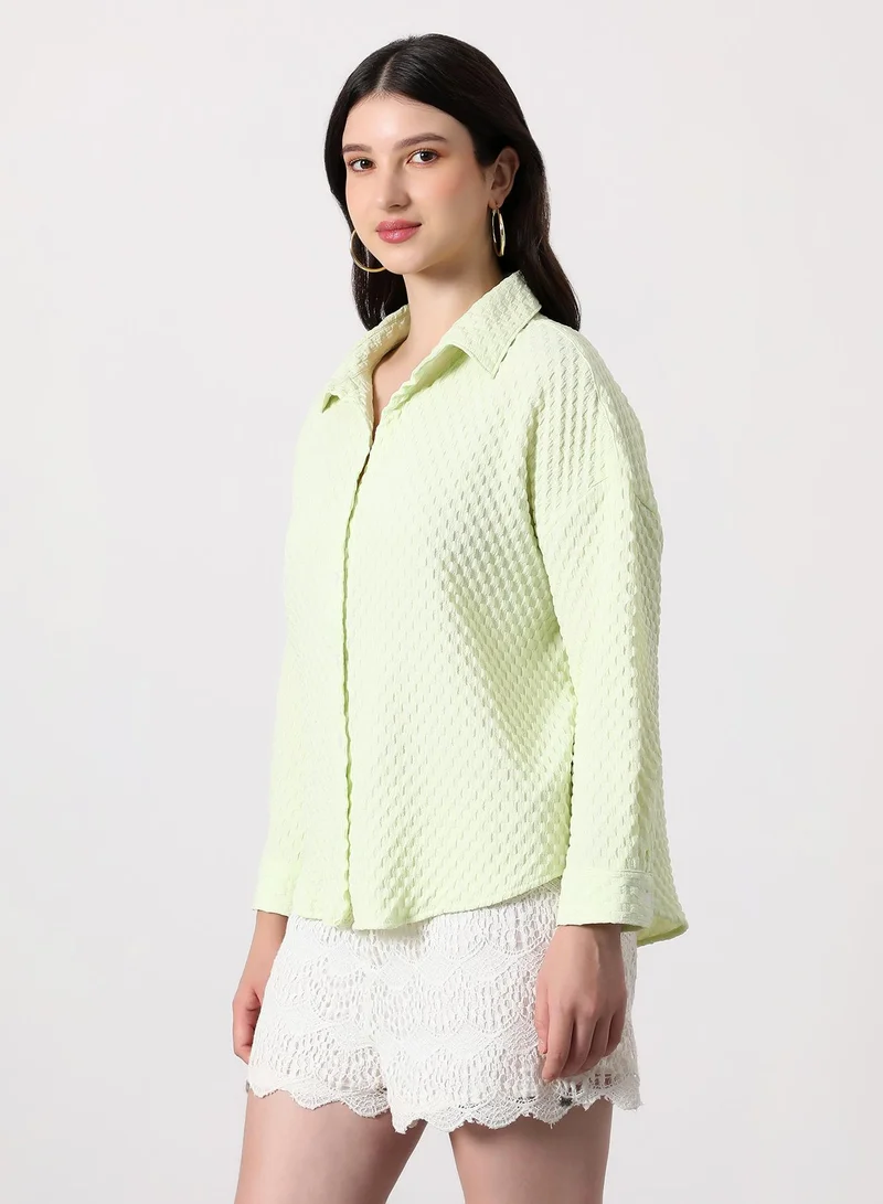 بينيا كولادا Women's Check-Tactile Oversized Shirt | Spread Collar , Long Single-Button Cuff Sleeves, Button Closure | Solid Textured | Woven Shirt For Casual & Daily Wear | Lime Green