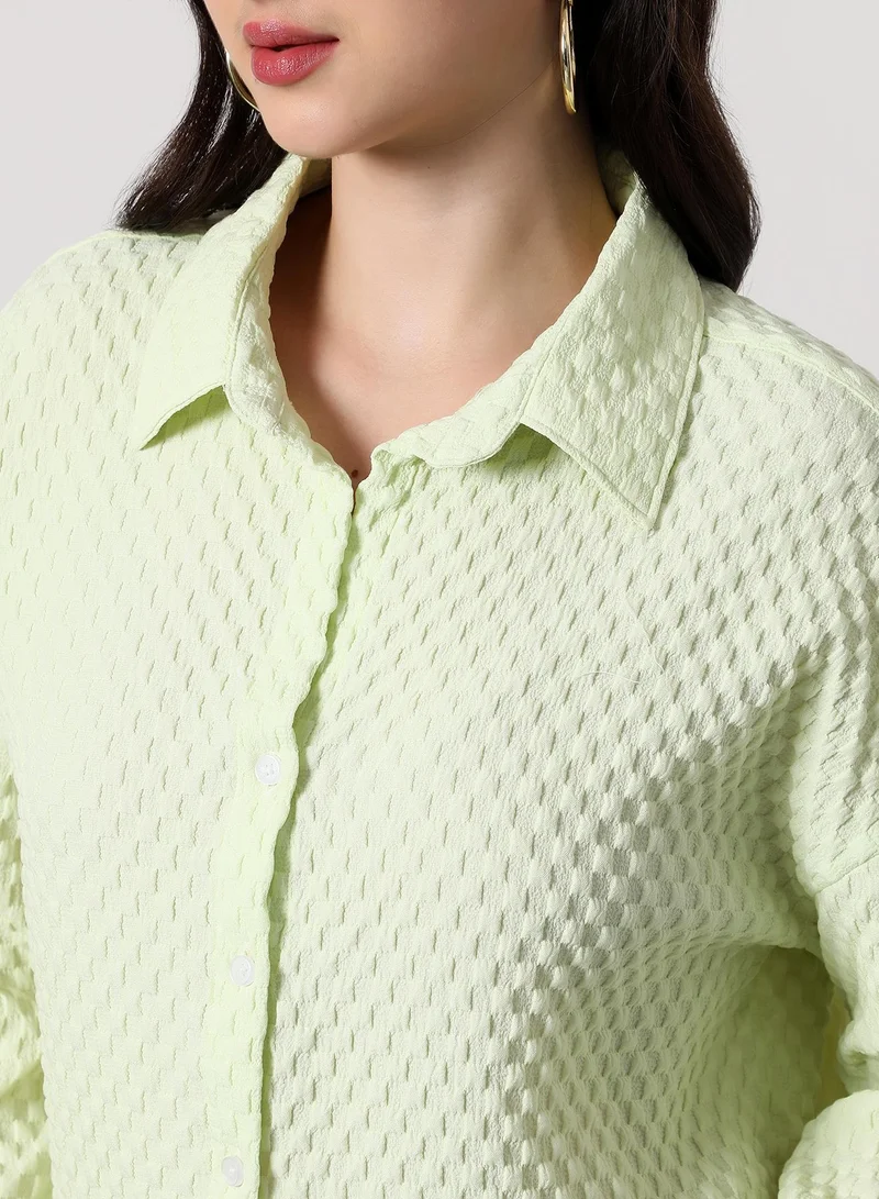 بينيا كولادا Women's Check-Tactile Oversized Shirt | Spread Collar , Long Single-Button Cuff Sleeves, Button Closure | Solid Textured | Woven Shirt For Casual & Daily Wear | Lime Green