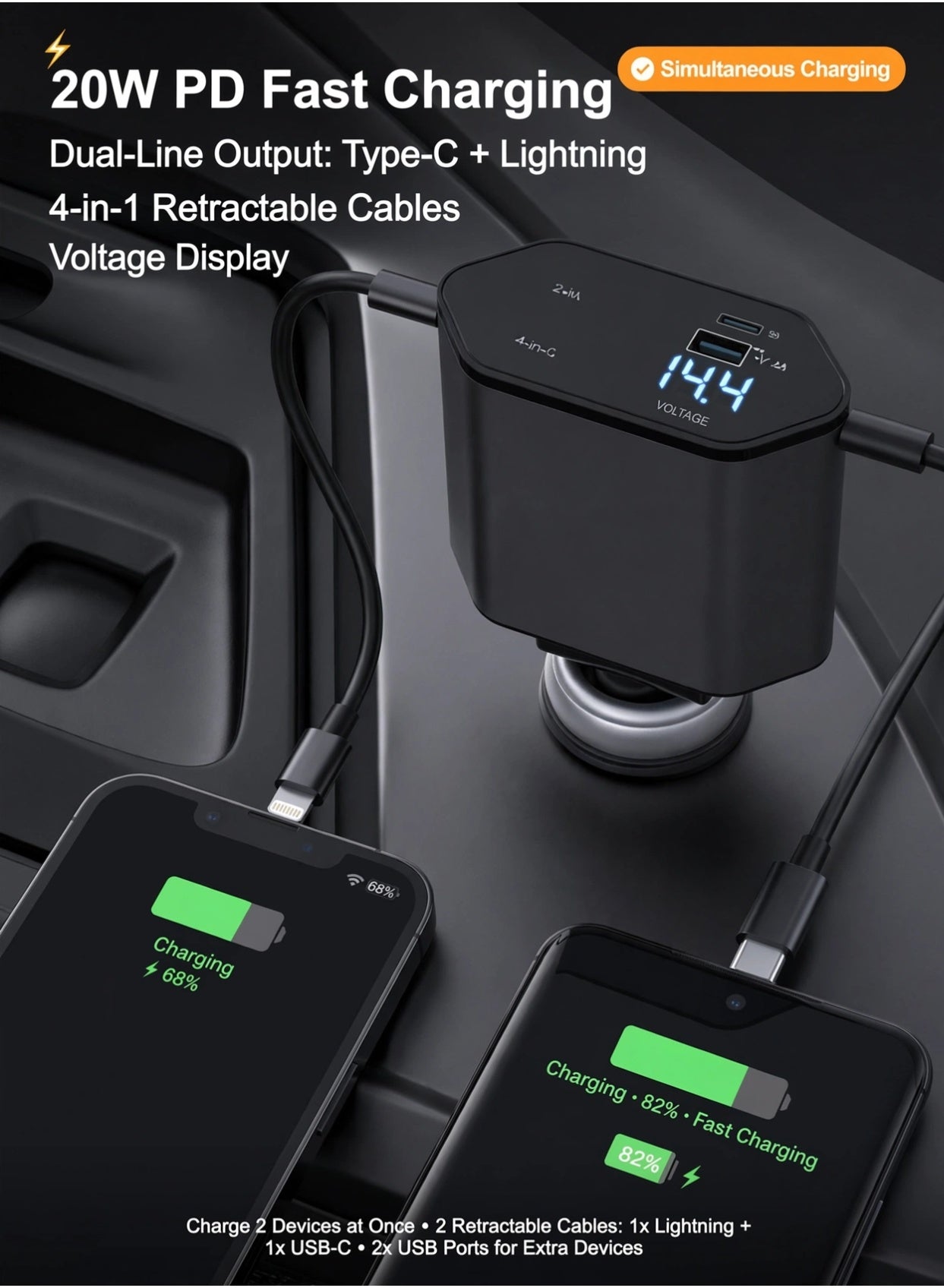 120W Car Charger, 4-In-1 USB Pd Car Charger Type C Fast Charging, Retractable Cable (31.5 Inch) And 2 Usb Ports Car Charger Adapter Type-C & Lightning Cables Compatible With Iphone 16/15/14/13/12 Pro Max Xr, Ipad, Pixel
