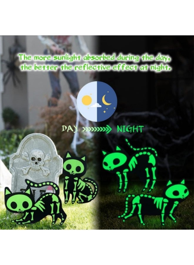 Festival Decorations Outdoor Yard Signs 4-Piece Glow in the Dark Skeleton Black Cat Silhouette Lawn Signs with Stakes - Image 2