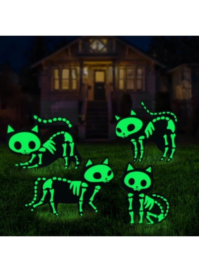 Festival Decorations Outdoor Yard Signs 4-Piece Glow in the Dark Skeleton Black Cat Silhouette Lawn Signs with Stakes - Image 1