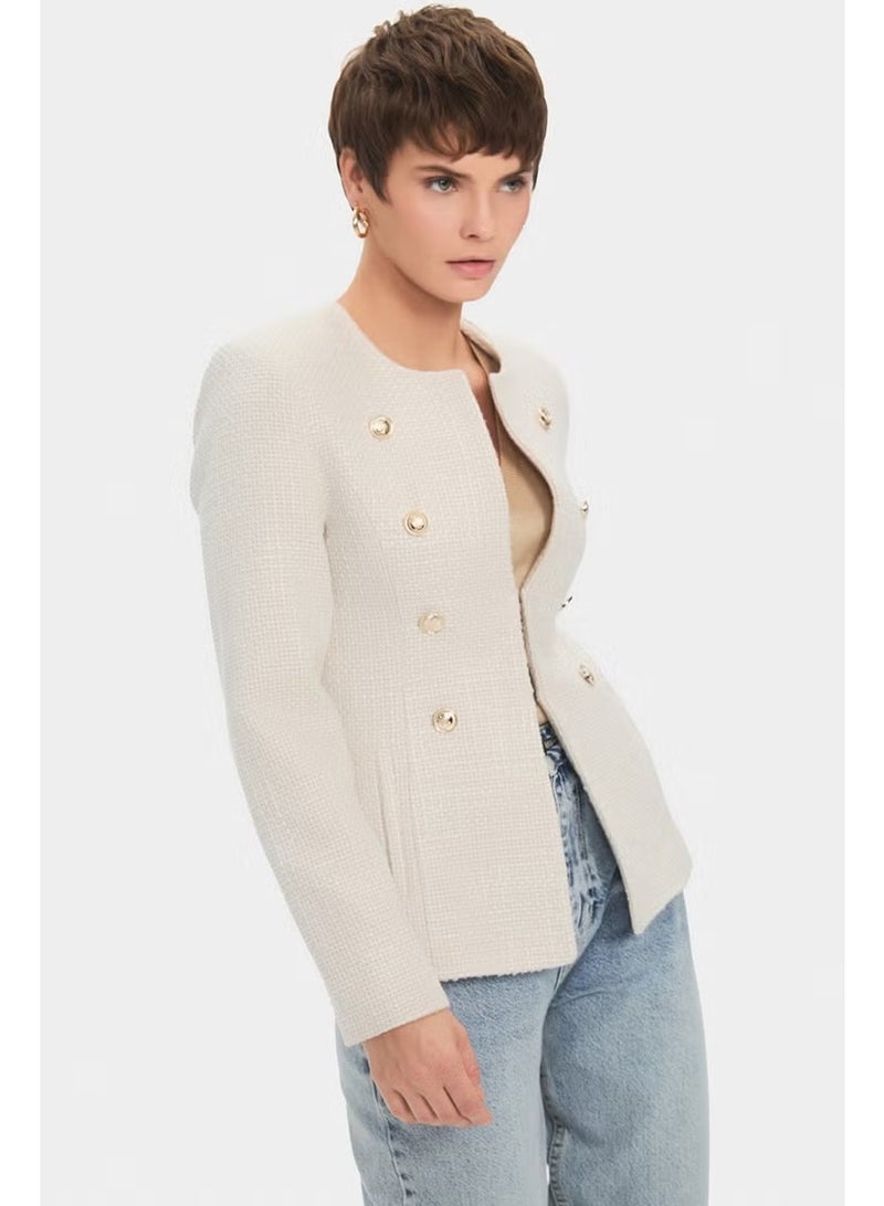 JUNE Women's Cotton Blend Button Detailed Tweed Jacket - Image 4
