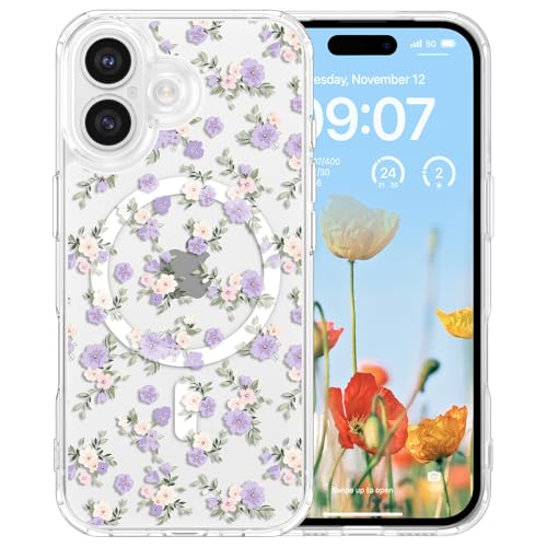 RALEAVO for iPhone 17 Case Compatible with MagSafe Clear Floral Pattern Design Cute for Girls Women Slim Magnetic Hard Back Shockproof Phone Case for iPhone 17Purple Flowers - Image 1