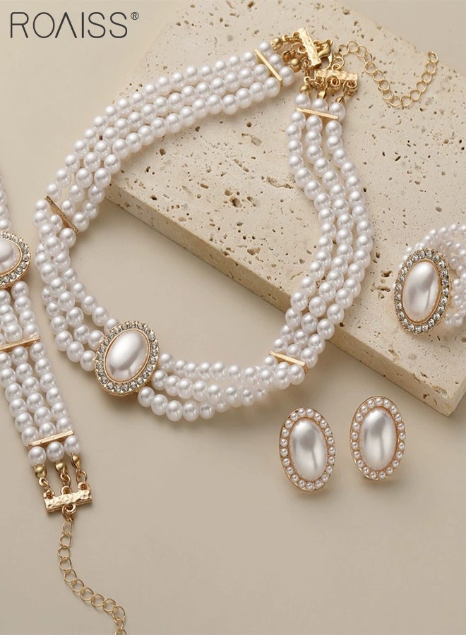 roaiss 5 Pcs Luxury Necklace Bracelet Ring Earring Jewelry Set, Shiny Rhinestone Multi-layer Pearl Necklace Bracelet, Wedding Party Dance Jewelry Accessories, Light Luxury Round Beaded Jewelry Set  - Image 4