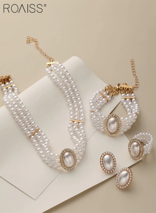 roaiss 5 Pcs Luxury Necklace Bracelet Ring Earring Jewelry Set, Shiny Rhinestone Multi-layer Pearl Necklace Bracelet, Wedding Party Dance Jewelry Accessories, Light Luxury Round Beaded Jewelry Set  - Image 3
