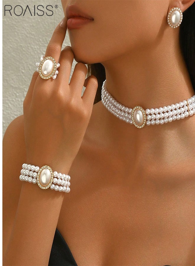 roaiss 5 Pcs Luxury Necklace Bracelet Ring Earring Jewelry Set, Shiny Rhinestone Multi-layer Pearl Necklace Bracelet, Wedding Party Dance Jewelry Accessories, Light Luxury Round Beaded Jewelry Set  - Image 2