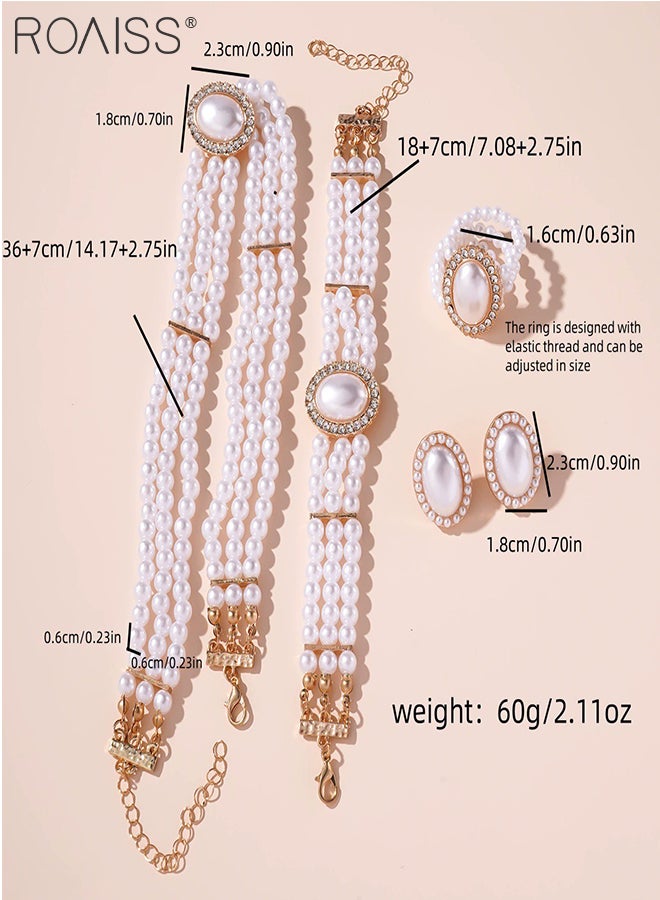 roaiss 5 Pcs Luxury Necklace Bracelet Ring Earring Jewelry Set, Shiny Rhinestone Multi-layer Pearl Necklace Bracelet, Wedding Party Dance Jewelry Accessories, Light Luxury Round Beaded Jewelry Set  - Image 5