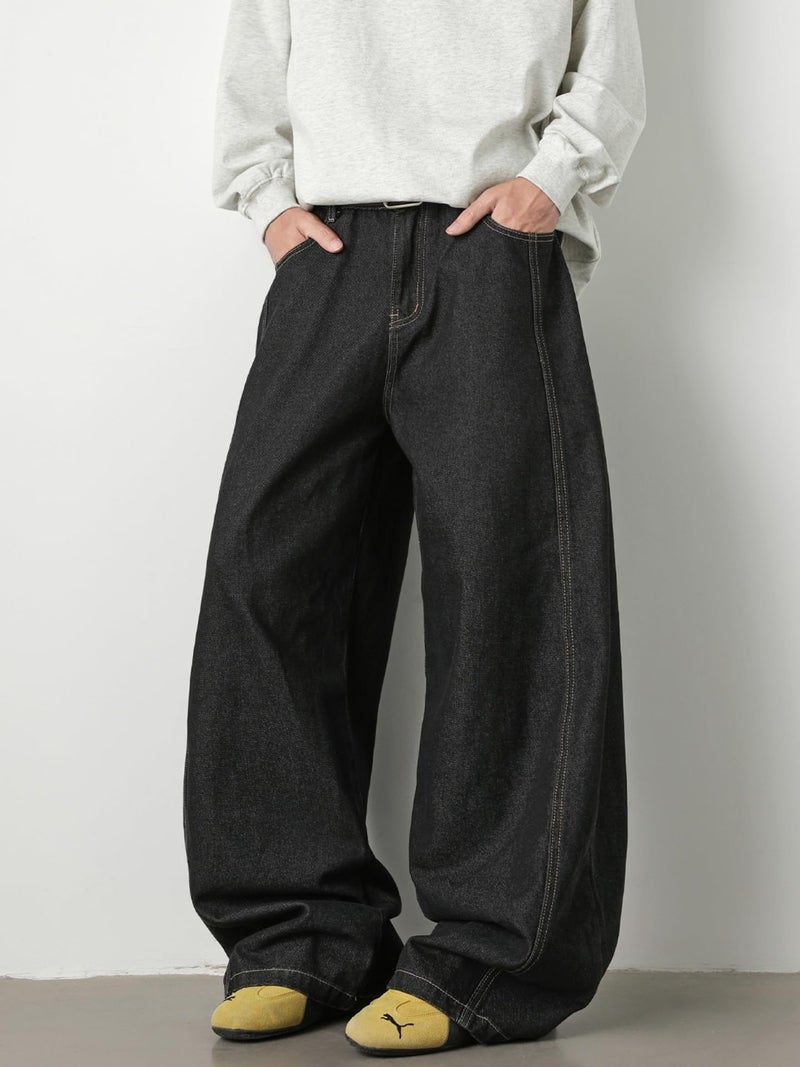 CAONAT Baggy Hip Hop Jeans for Men Wide Leg Skater Denim Pants Casual Loose Fit Long Trousers A-Black - Image 4