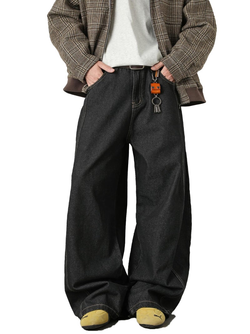 CAONAT Baggy Hip Hop Jeans for Men Wide Leg Skater Denim Pants Casual Loose Fit Long Trousers A-Black - Image 1