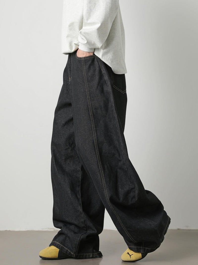 CAONAT Baggy Hip Hop Jeans for Men Wide Leg Skater Denim Pants Casual Loose Fit Long Trousers A-Black - Image 3