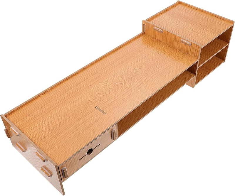 Wood Grain Monitor Stand Riser With Drawer Adjustable Desktop Organizer Shelf - Image 1