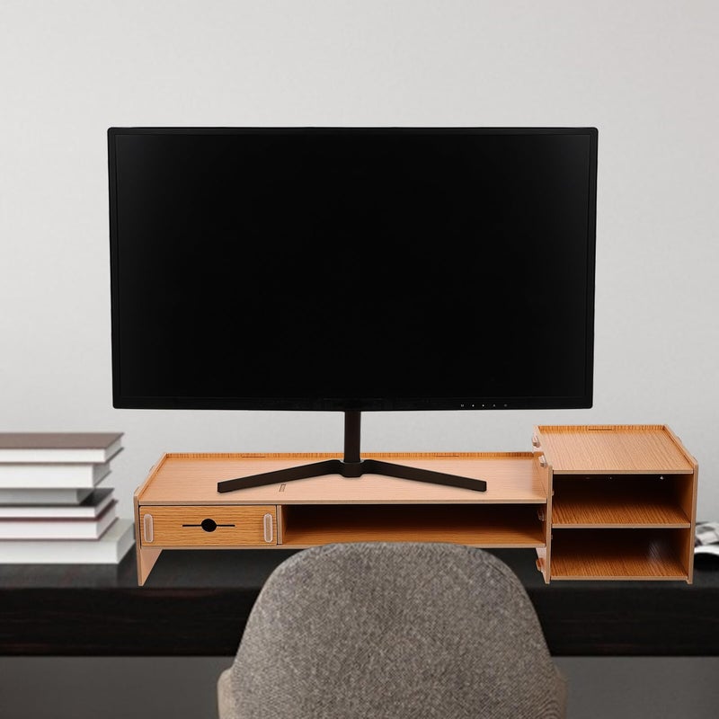 Wood Grain Monitor Stand Riser With Drawer Adjustable Desktop Organizer Shelf - Image 5