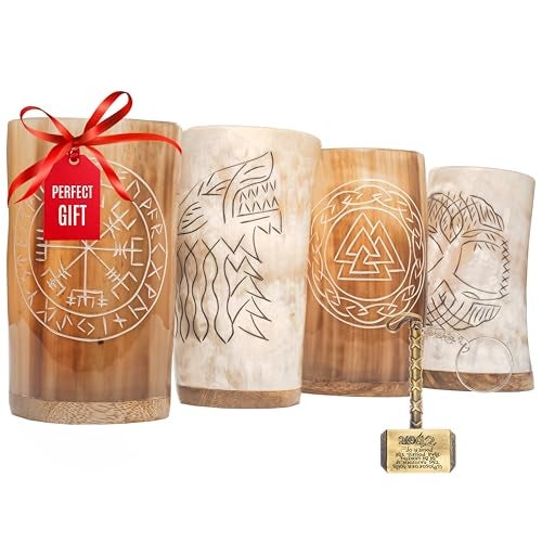 Trondebal Viking Drinking Horn Mugs Set of 4, beer stein set, Natural Ox Horn Shot Glasses | 10 oz Cool Unique Tumbler, Beer Gift for Men and Women, Handmade Goblet| Medieval Stein for Ale, Mead - Image 1