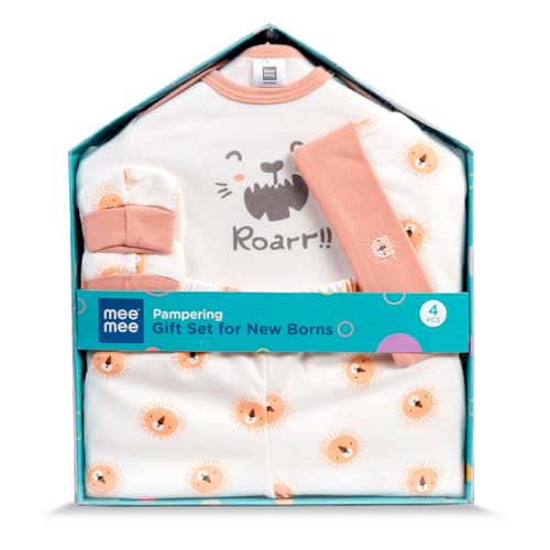 Mee Mee New Born Baby Gift Set | Soft Cotton Clothing Essentials for Infants/Baby Girls, Boys | Baby Shower Clothing Hamper (4 Pieces, Orange)| Ideal Gift for New Born Baby - Image 1