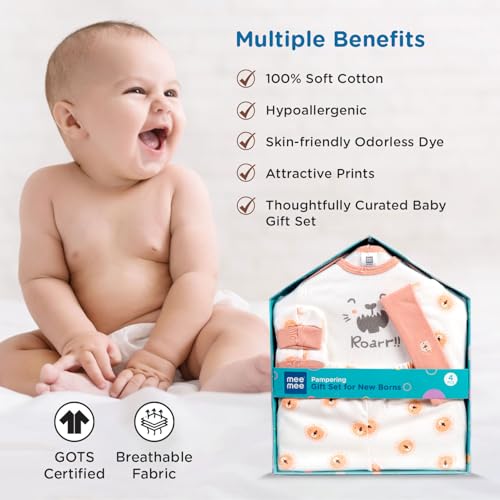 Mee Mee New Born Baby Gift Set | Soft Cotton Clothing Essentials for Infants/Baby Girls, Boys | Baby Shower Clothing Hamper (4 Pieces, Orange)| Ideal Gift for New Born Baby - Image 5