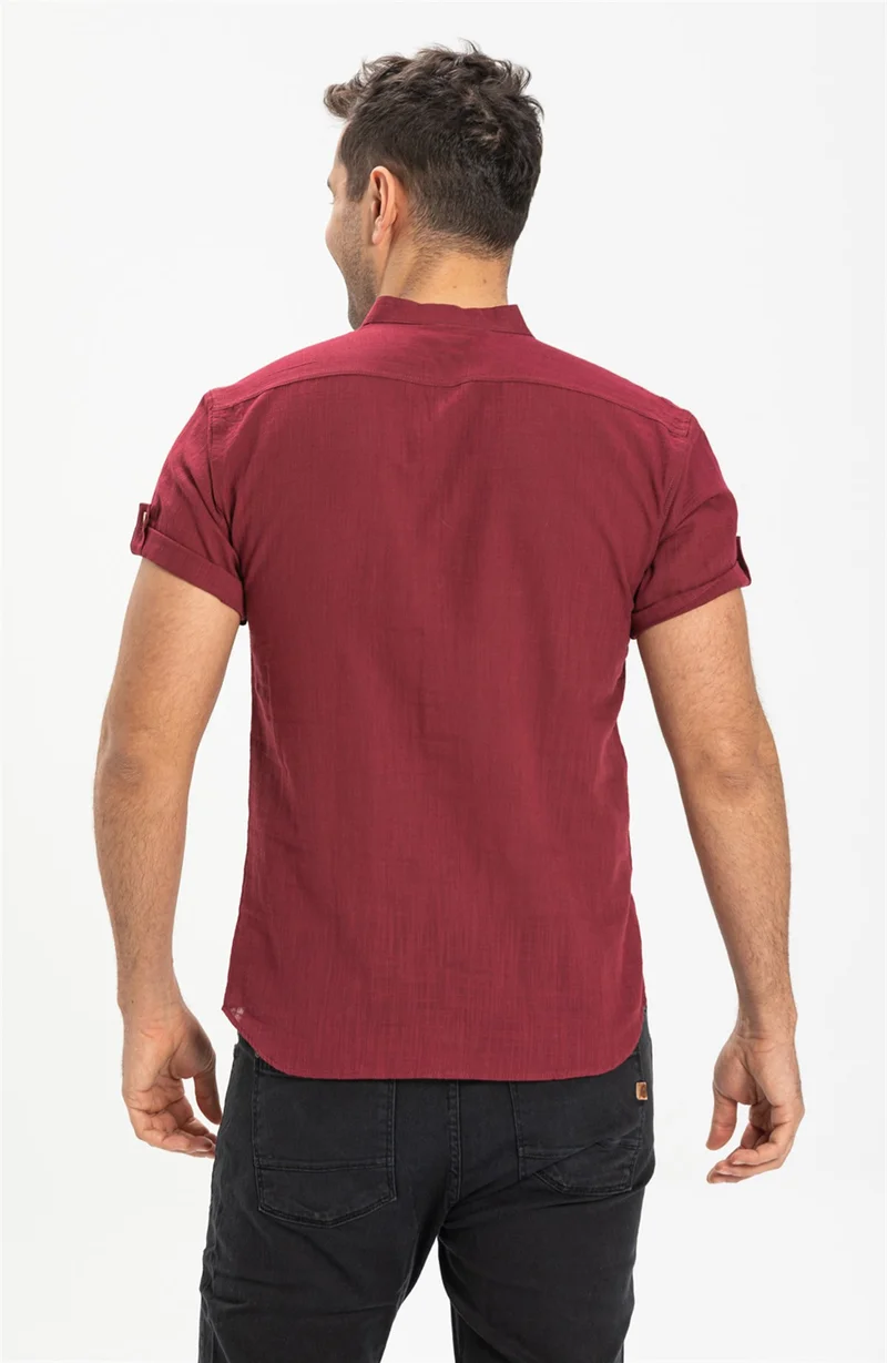 اليش شيل بيزي Short Sleeve Şile Cloth Bodrum Men's Shirt Dark Claret Red 3068
