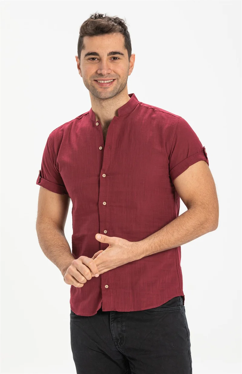 اليش شيل بيزي Short Sleeve Şile Cloth Bodrum Men's Shirt Dark Claret Red 3068