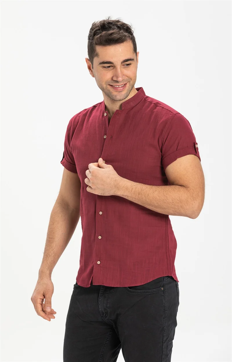 اليش شيل بيزي Short Sleeve Şile Cloth Bodrum Men's Shirt Dark Claret Red 3068