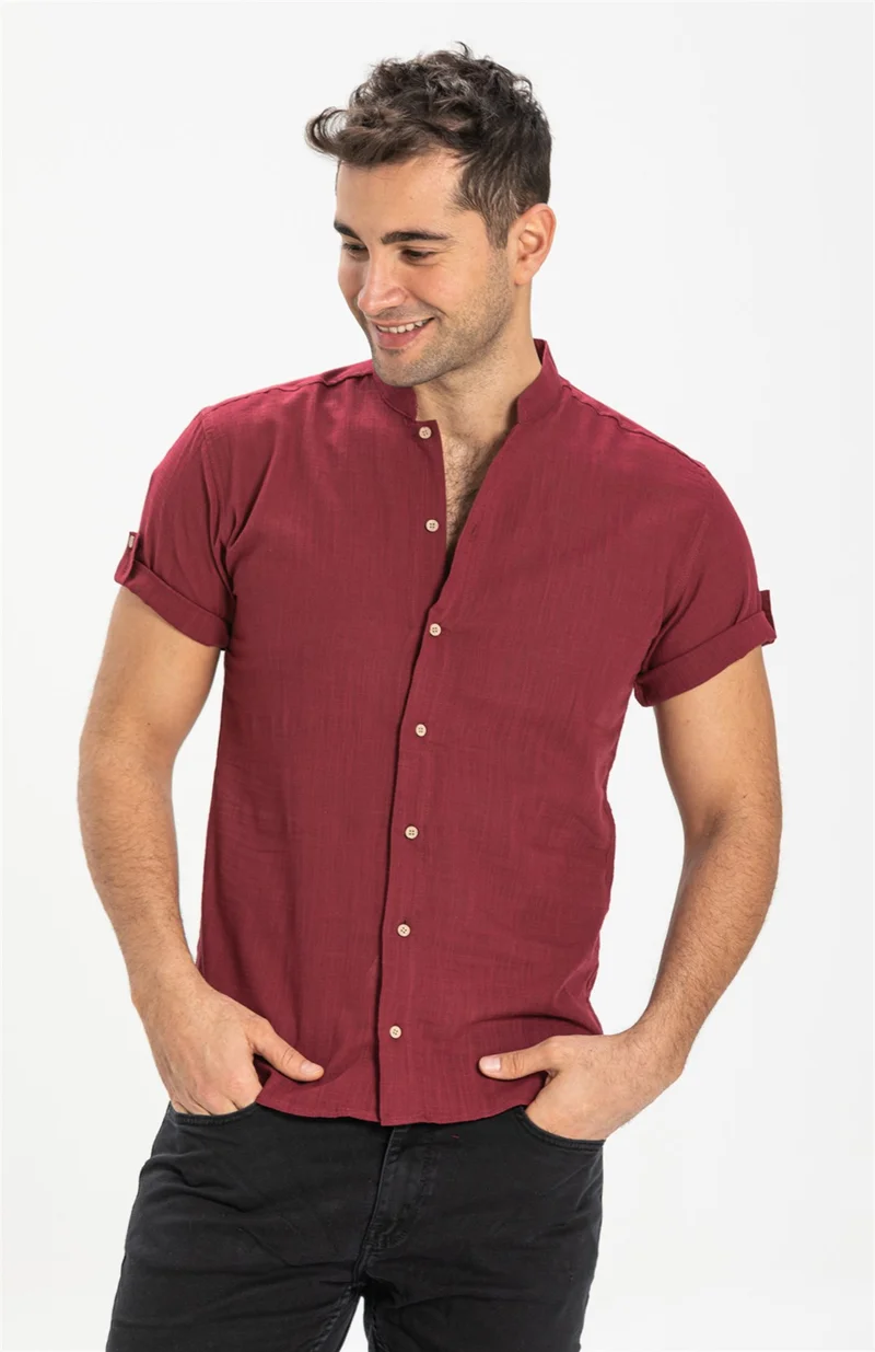 اليش شيل بيزي Short Sleeve Şile Cloth Bodrum Men's Shirt Dark Claret Red 3068