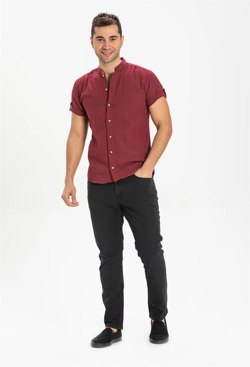 اليش شيل بيزي Short Sleeve Şile Cloth Bodrum Men's Shirt Dark Claret Red 3068