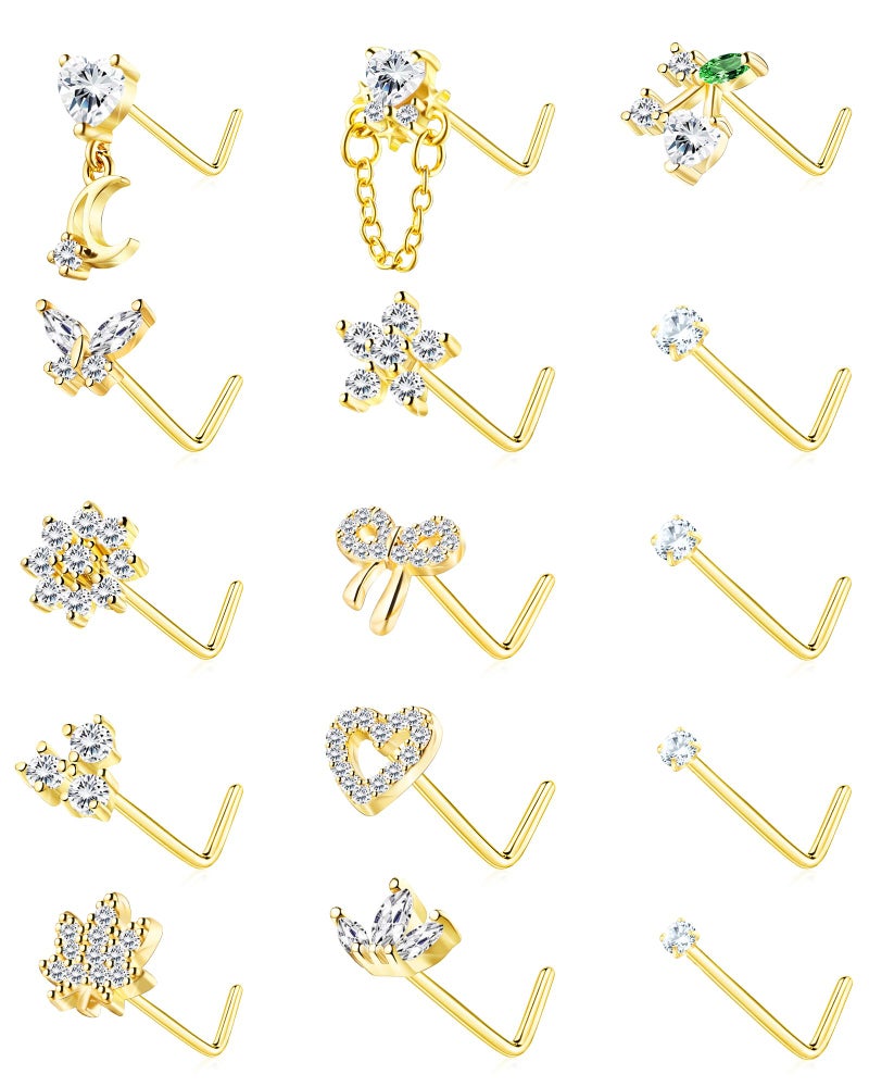 BSJ4U Nose Rings L Shaped for Women Nose Piercings 20G Surgical Stainless Steel Silver Nose Studs Pink CZ Heart Butterfly Flower Cherry Bow Moon Dangle Nose Piercing Jewelry - Image 1