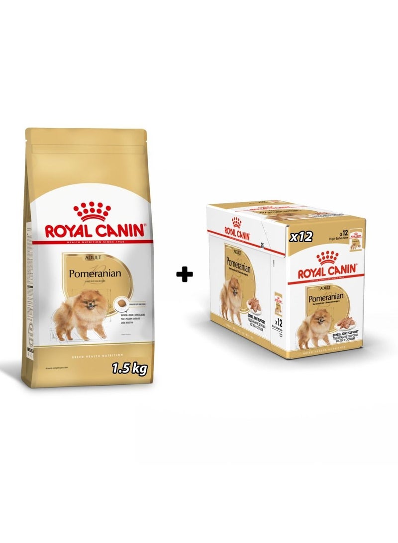 Royal Canin Pomeranian Adult Dry Dog Food 1.5kg & Loaf in Gravy Pouch Dog Food 12x85g Bundle Pack - Image 1
