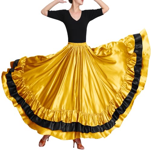 Backgarden Women Black Red Layers Satin Long Skirt for Spanish Flamenco Belly Dance Gypsy Mexico Ballet Folklorico Performance Costume (Deep Gold Theme) - Image 2