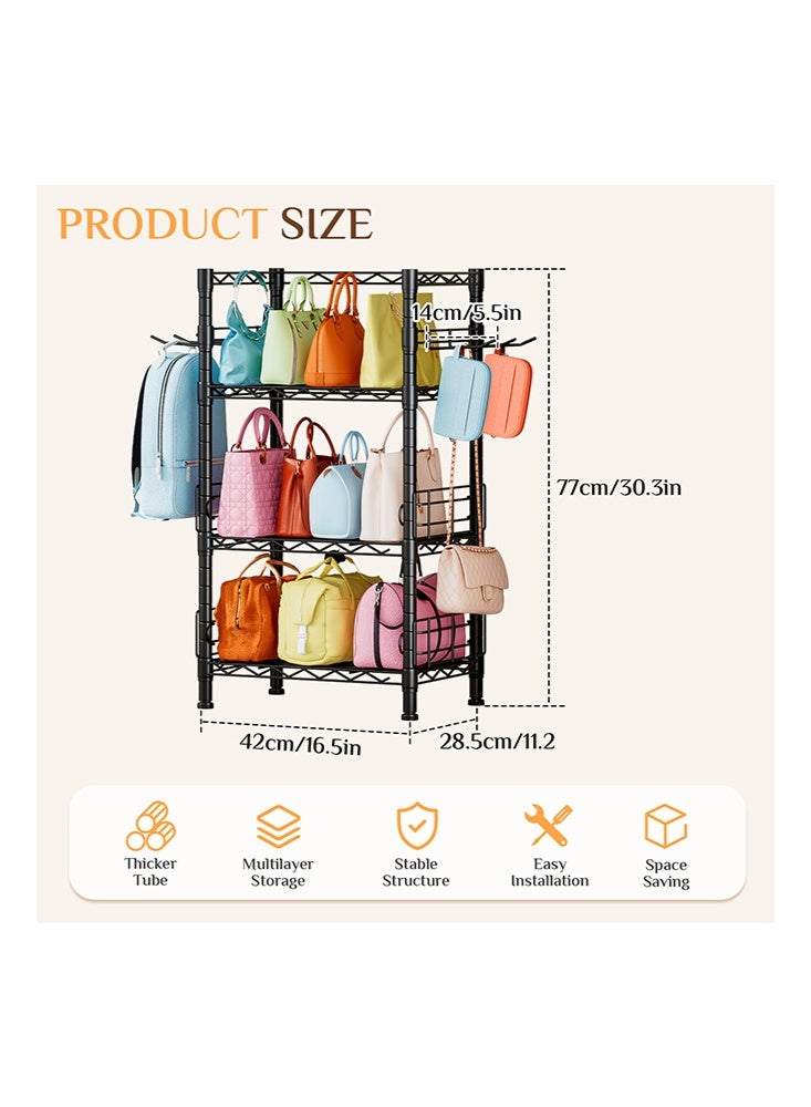 سولاكان رف تخزين منظم الحقائب اليدوية، حامل حقائب بثلاث طبقات مع خطافات جانبية، منظم رف معدني قائم على الأرض لحمل الحقائب، ارتفاع قابل للتعديل - Image 2