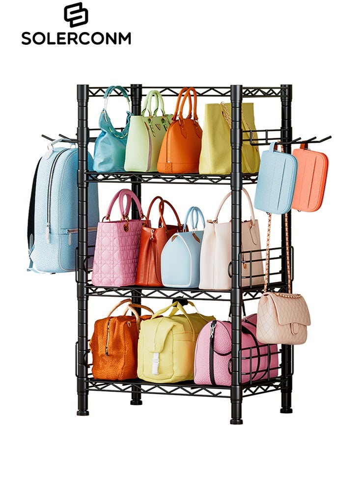 سولاكان رف تخزين منظم الحقائب اليدوية، حامل حقائب بثلاث طبقات مع خطافات جانبية، منظم رف معدني قائم على الأرض لحمل الحقائب، ارتفاع قابل للتعديل - Image 1