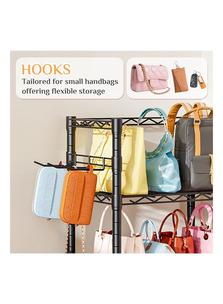 سولاكان رف تخزين منظم الحقائب اليدوية، حامل حقائب بثلاث طبقات مع خطافات جانبية، منظم رف معدني قائم على الأرض لحمل الحقائب، ارتفاع قابل للتعديل - Image 4